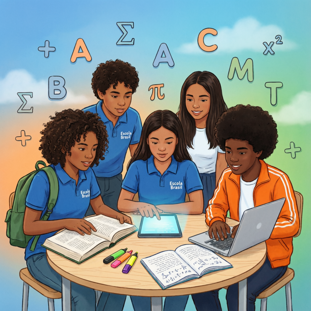 Estudantes brasileiros aprendendo juntos com livros, tablets e laptops